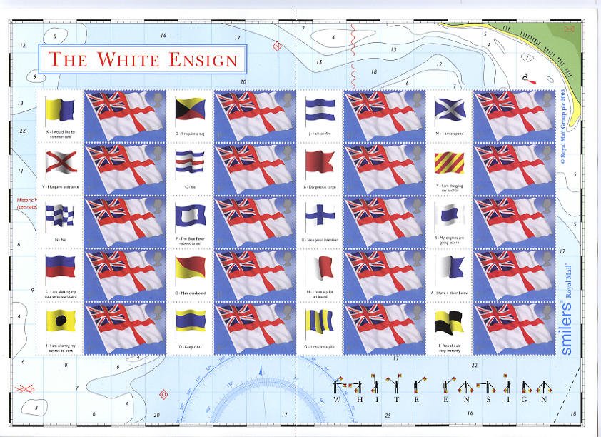 21 June 2005 Naval signal flags Smilers Sheet with the 2001 1st class White Ensign stamp 