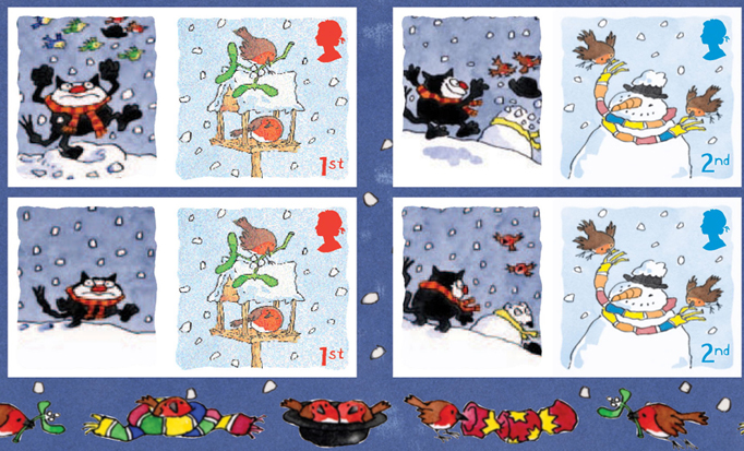 Detail from Royal Mail Christmas Smilers stamps 2005 - Robins, cat & mouse