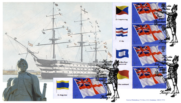 Norvic first day cover for White Ensign Smilers stamp showing Admiral Lord Nelson and HMS Victory