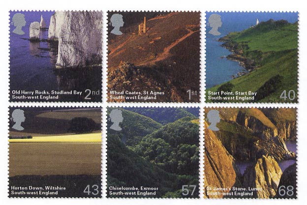 set of six stamps depicting the landscapes of south west england