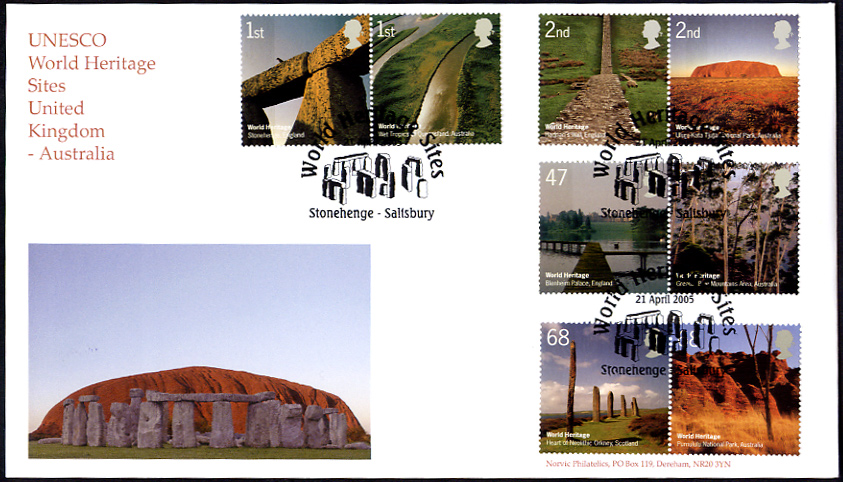 Norvic fdc with complete set of Great Britain World Heritage Sites stamps issued 21 April 2005
