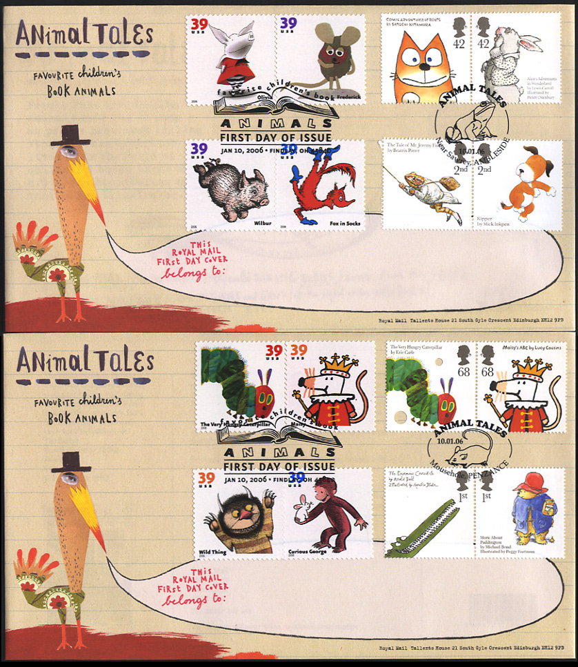 Pair of Royal Mail fdcs with complete sets of 8 of US Favorite Children's Book Aimals & GB Animal Tales stamps.