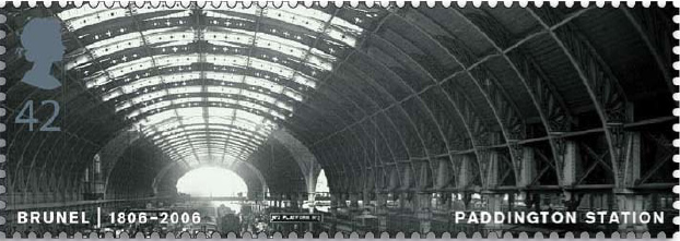 42p stamp showing the wide span of Paddington Station in London.
