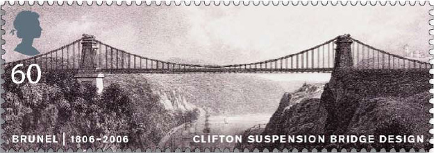 60p stamp showing Clifton Suspension Bridge over the Avon Gorge in Bristol.