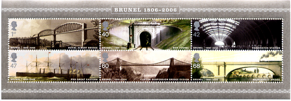 miniature sheet of 6 stamps issued by Royal Mail on 23 February 2006 to commemorate the bicentenary of the birth of Isambard Kingdom Brunel.
