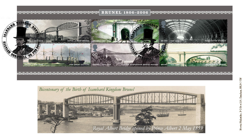 Norvic Philatelics Brunel Bicentenary first day cover showing the Royal Albert Bridge Saltash and the miniature sheet of 6 stamps.