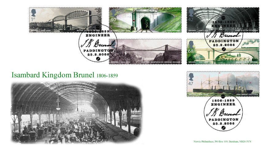 Norvic Philatelics Brunel Bicentenary first day cover showing Paddington Station and the set of 6 stamps.