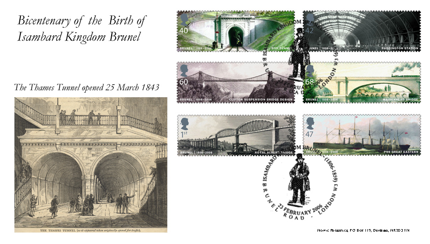 Norvic Philatelics Brunel Bicentenary first day cover showing the Thames Tunnel and the set of 6 stamps.