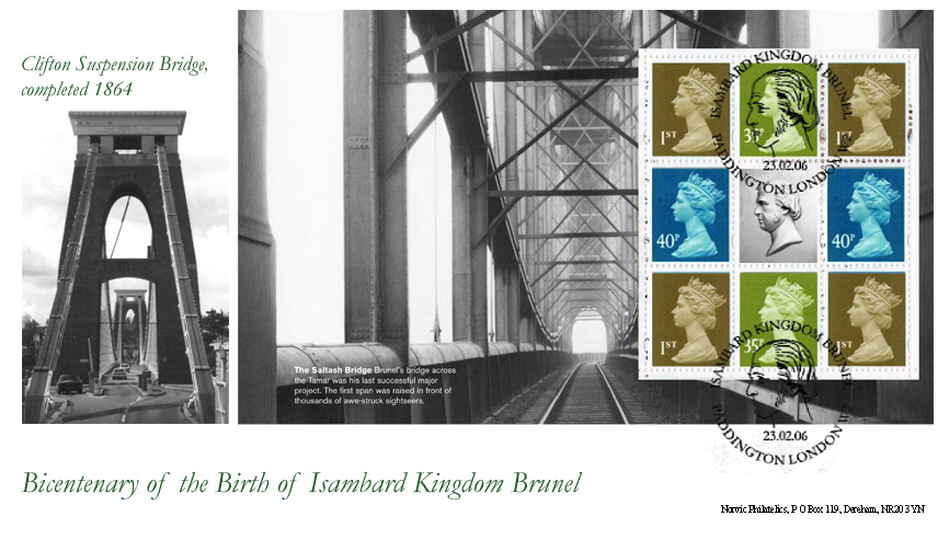 Norvic Philatelics Brunel Bicentenary first day cover showing the Clifton Suspension Bridge Bristol and Pane 4 from the Prestige Stamp book.