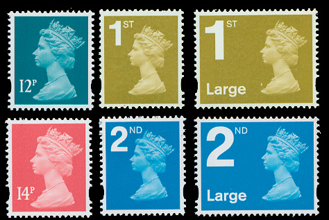 1st and 2nd class standard letter and large letter stamps introduced by Royal Mail on 1 August 2006 for size-based postage rates.