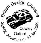 postmark illustrated with mini-car with union flag on roof.