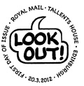 postmark with 'LOOK OUT' in speech bubble.