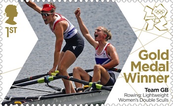 Gold medal stamp Rowing  women's lightweight double sculls team of Sophie Hosking and Katherine Copeland.