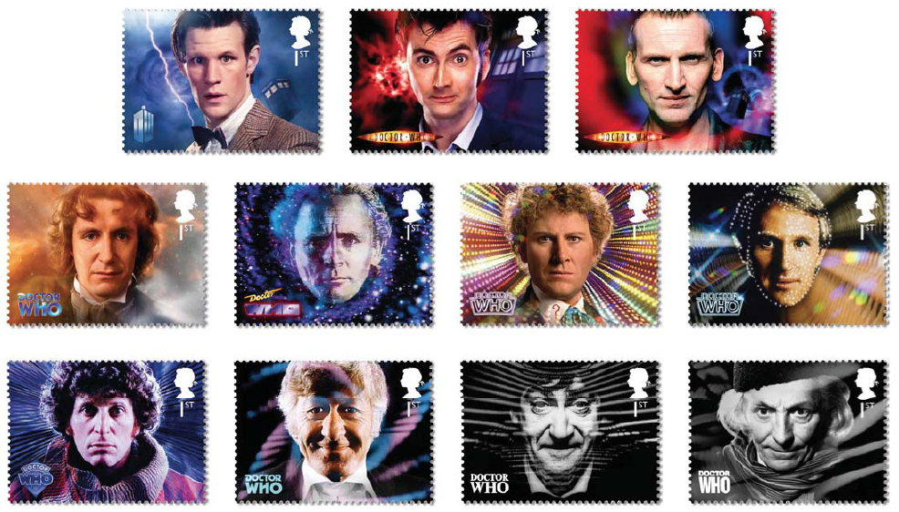 Set of 11 x 1st class Dr Who stamps each showing a different Doctor.
