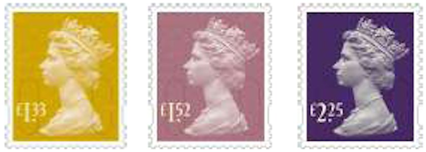 Three new Machin definitive stamps for new postage rates.
