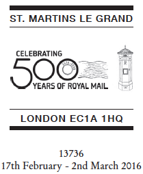 Postmark showing Royal Mail 500 logo and postbox.