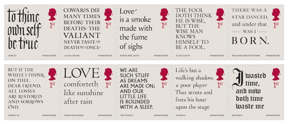 10 x 1st class Shakespeare quotation stamps.