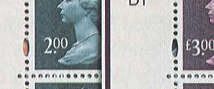 enlargement of 2 and 3 stamps showing ''  sign missing from 2 stamp
