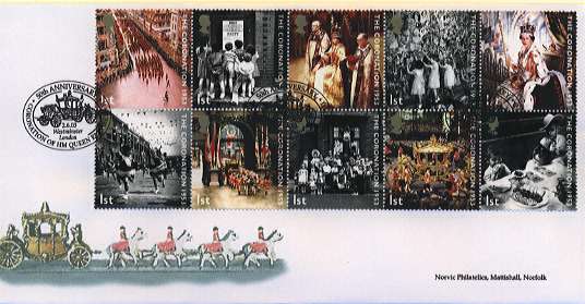 Norvic FDC for full set of stamps, showing Coronation Coach