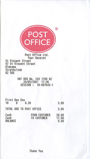 Post Office Ltd receipt from Epson printer.
